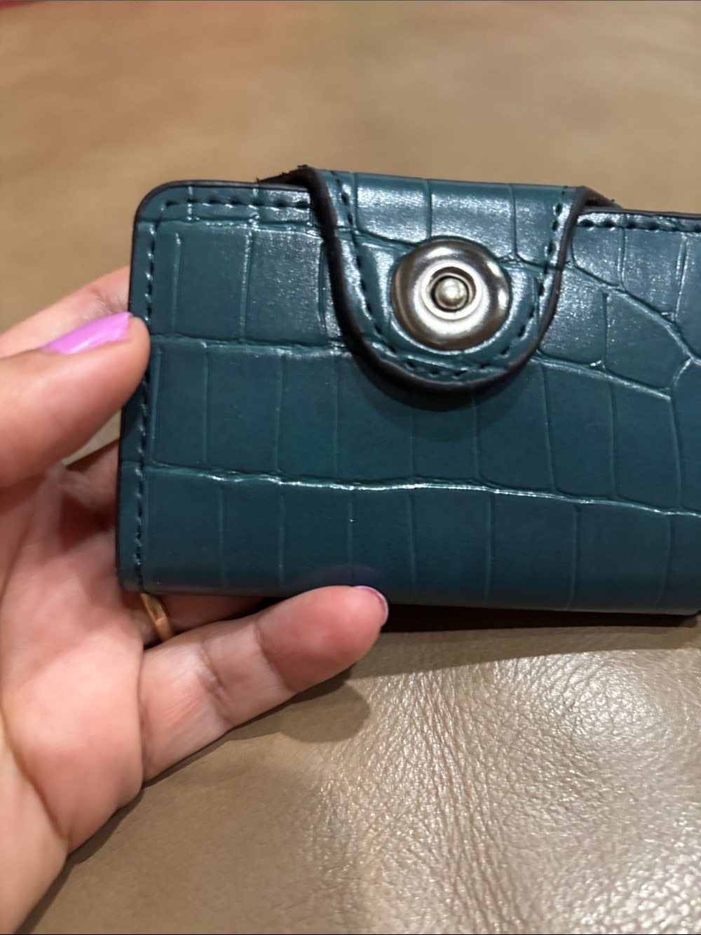 Teal Croc-Embossed Snap Card Holder